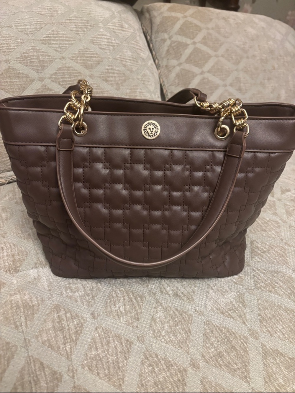 Anne Klein- Quilted Brown Tote with Gold Chain Handles